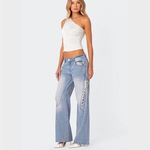 Edikted Light Blue Flare Jeans with bow Lace-Up Detail